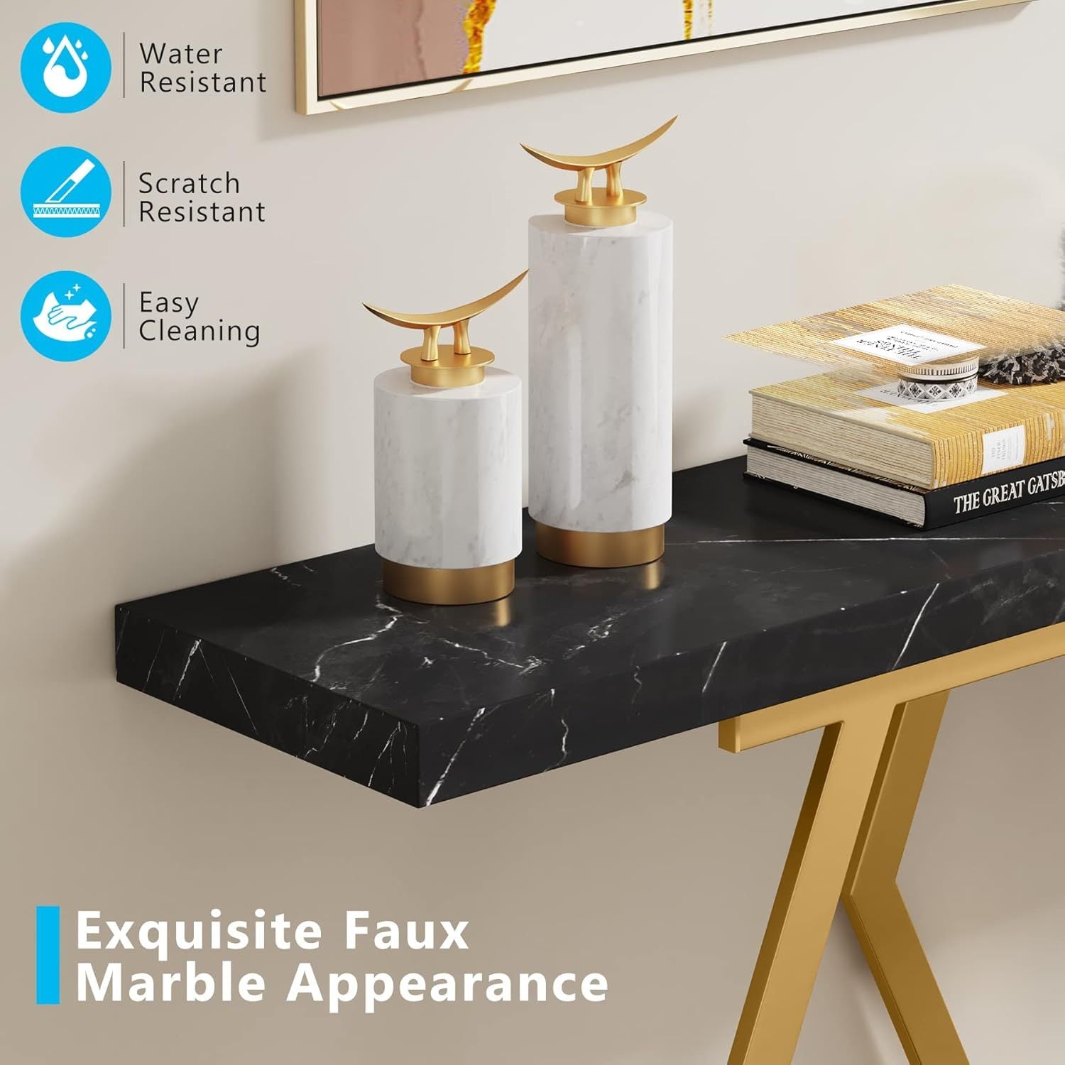 70.9 Inch Extra Long Sofa Table, Black and Gold Console Table with Faux Marble Tabletop, Modern Long Entryway Table with Gold Frame