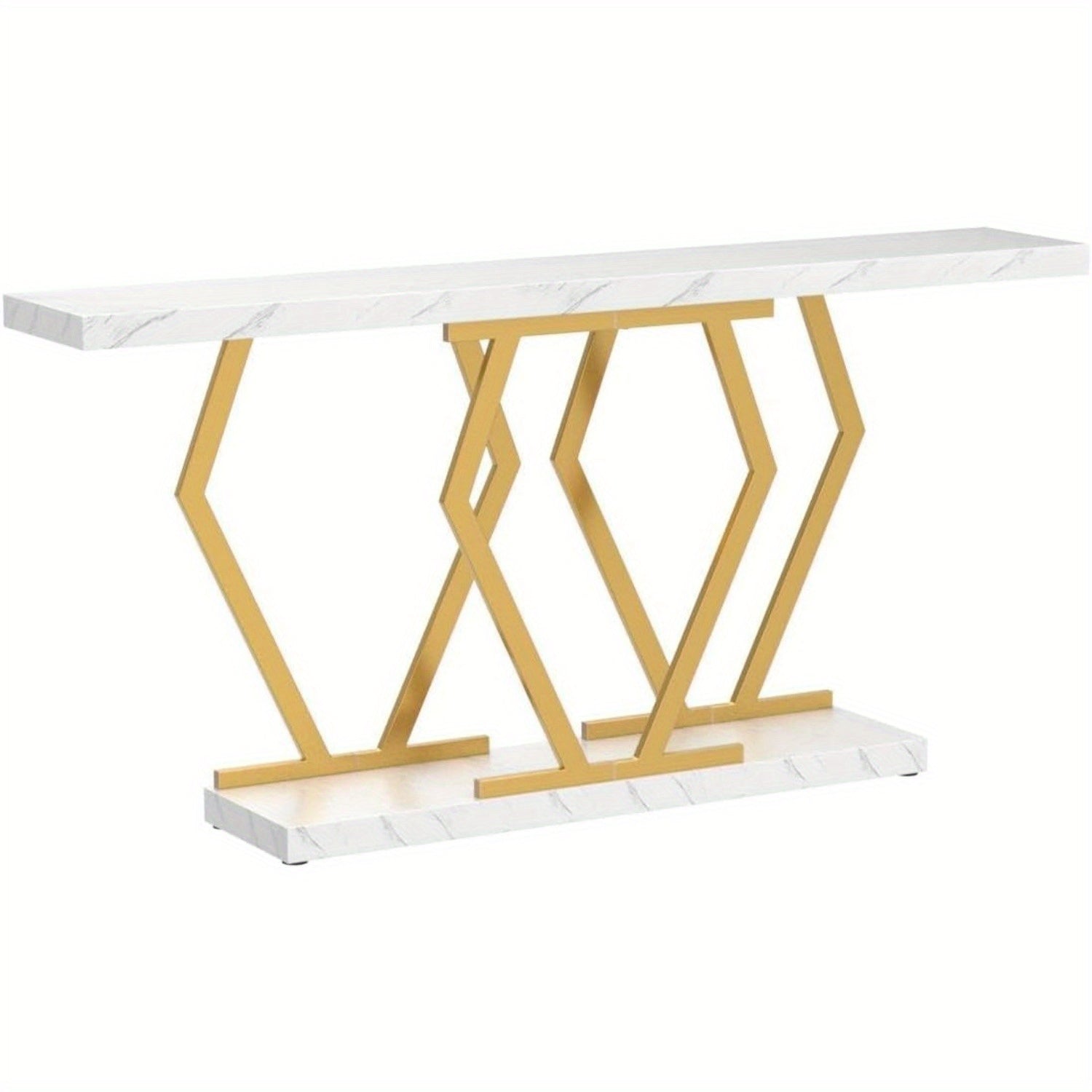 70.9 Inch Extra Long Sofa Table, Black and Gold Console Table with Faux Marble Tabletop, Modern Long Entryway Table with Gold Frame