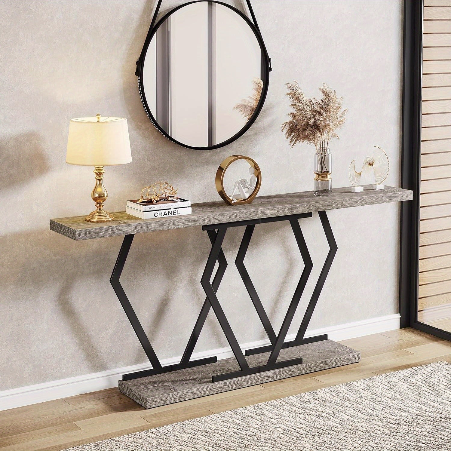 70.9 Inch Extra Long Sofa Table, Black and Gold Console Table with Faux Marble Tabletop, Modern Long Entryway Table with Gold Frame