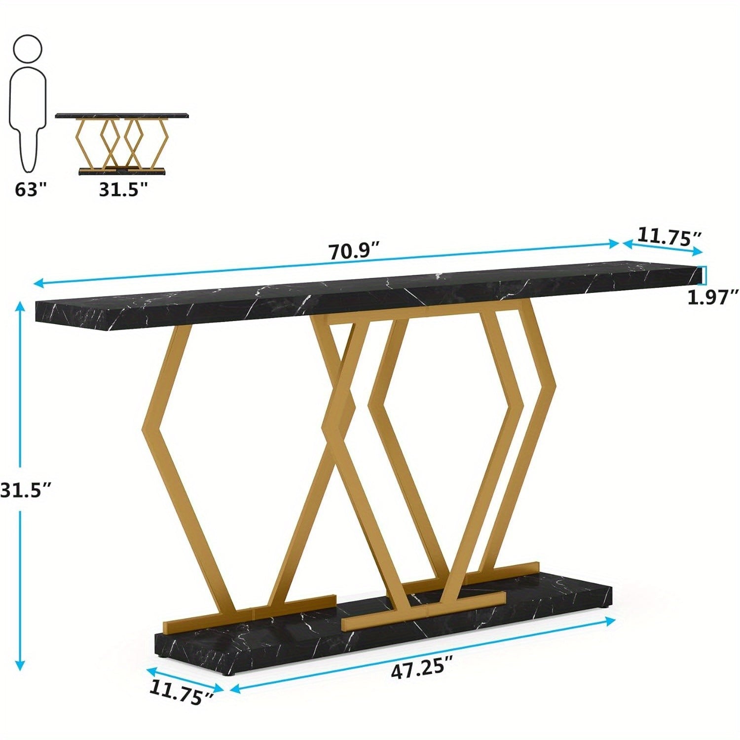 70.9 Inch Extra Long Sofa Table, Black and Gold Console Table with Faux Marble Tabletop, Modern Long Entryway Table with Gold Frame