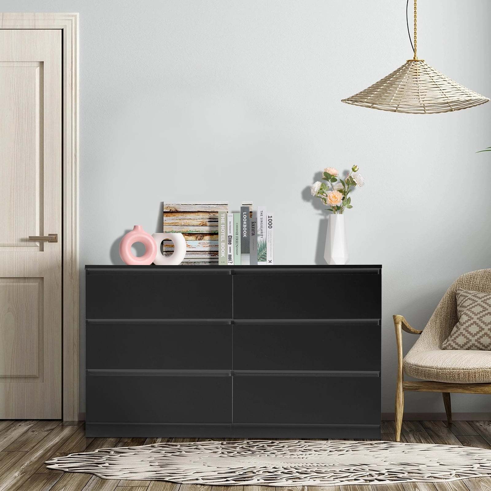 Wide Chest of Drawers 6 Drawer Double Dresser for Bedroom Traditional Bedroom Furniture 55.12’’*19.69’’*27.95’’ Black