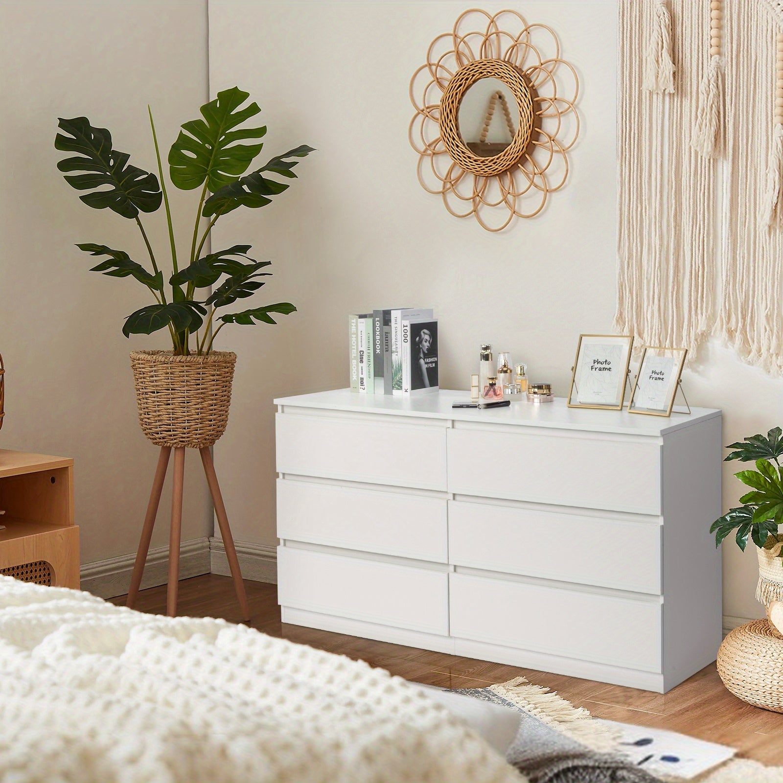 Wide Chest of Drawers 6 Drawer Double Dresser for Bedroom Traditional Bedroom Furniture 55.12’’*19.69’’*27.95’’ Black