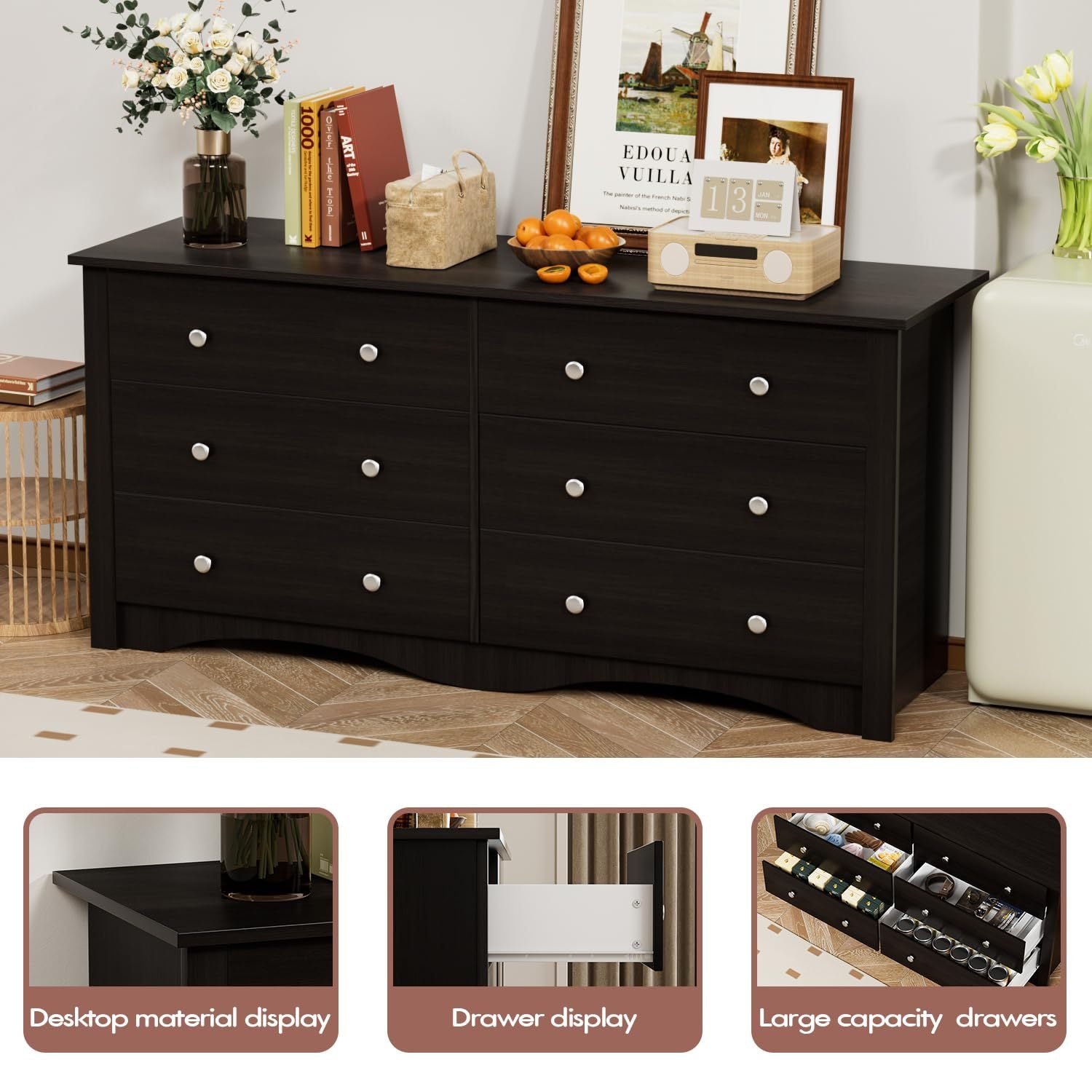 6 Drawer Double Dresser Wide Wood Chest Of Drawers Storage Tower Storage for Living Room Bedroom - Brown - Dresser