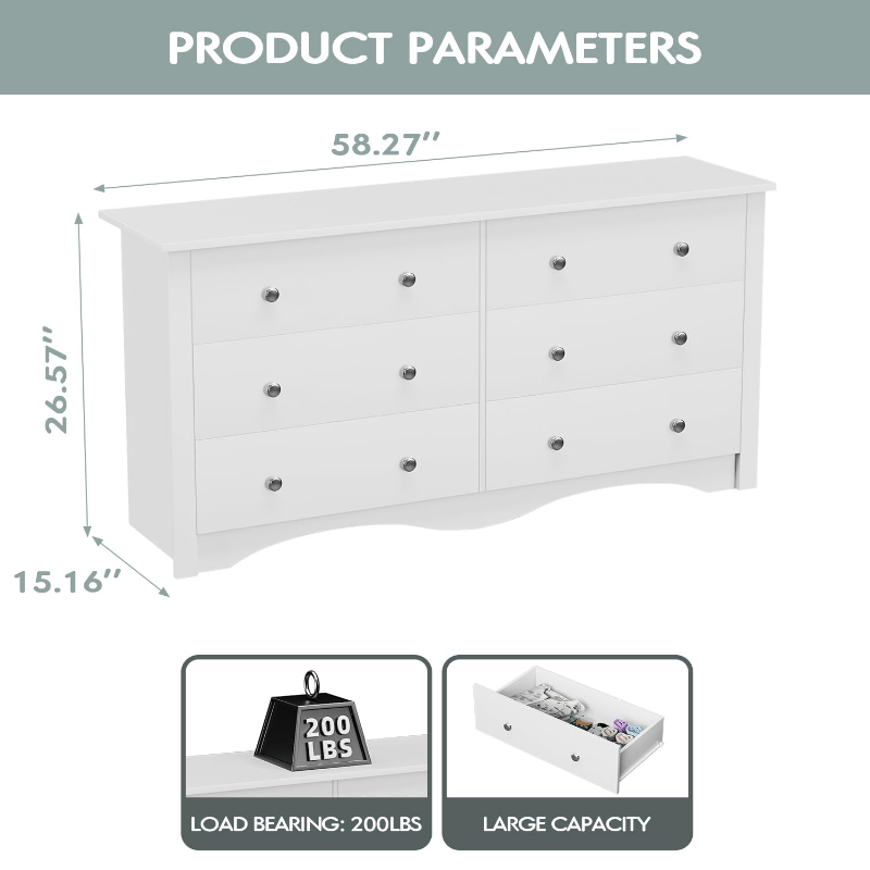 6 Drawer Double Dresser Wide Wood Chest Of Drawers Storage Tower Storage for Living Room Bedroom - Dresser Westberry