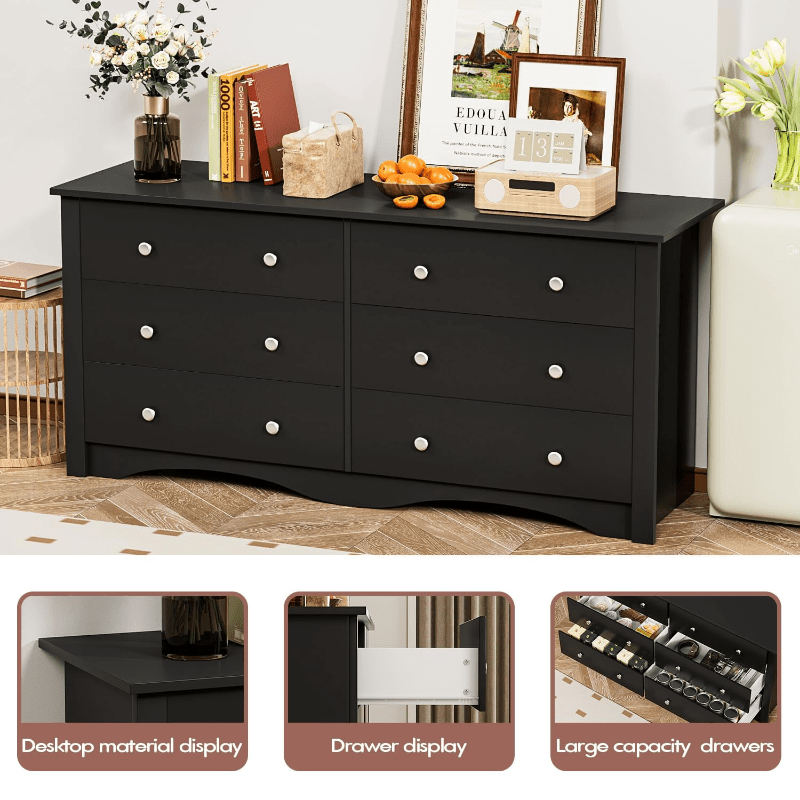 6 Drawer Double Dresser Wide Wood Chest Of Drawers Storage Tower Storage for Living Room Bedroom - Dresser Westberry