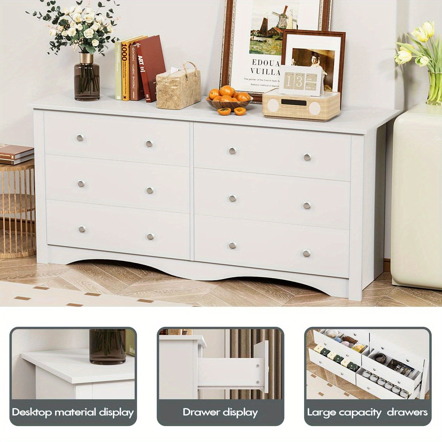 6 Drawer Double Dresser Wide Wood Chest Of Drawers Storage Tower Storage for Living Room Bedroom - White - Dresser