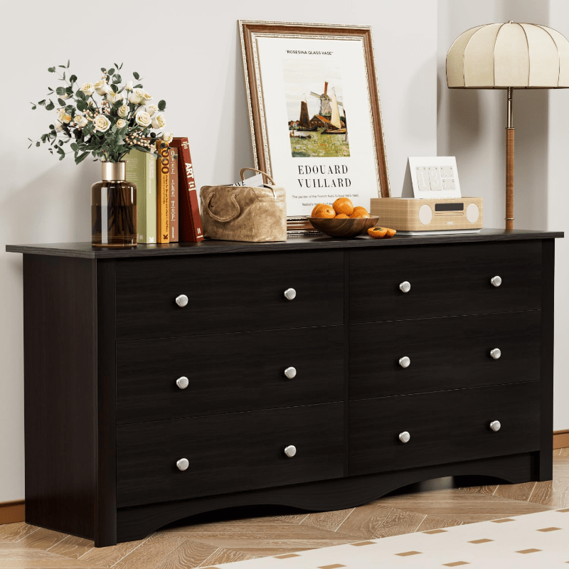 6 Drawer Double Dresser Wide Wood Chest Of Drawers Storage Tower Storage for Living Room Bedroom - Dresser Westberry