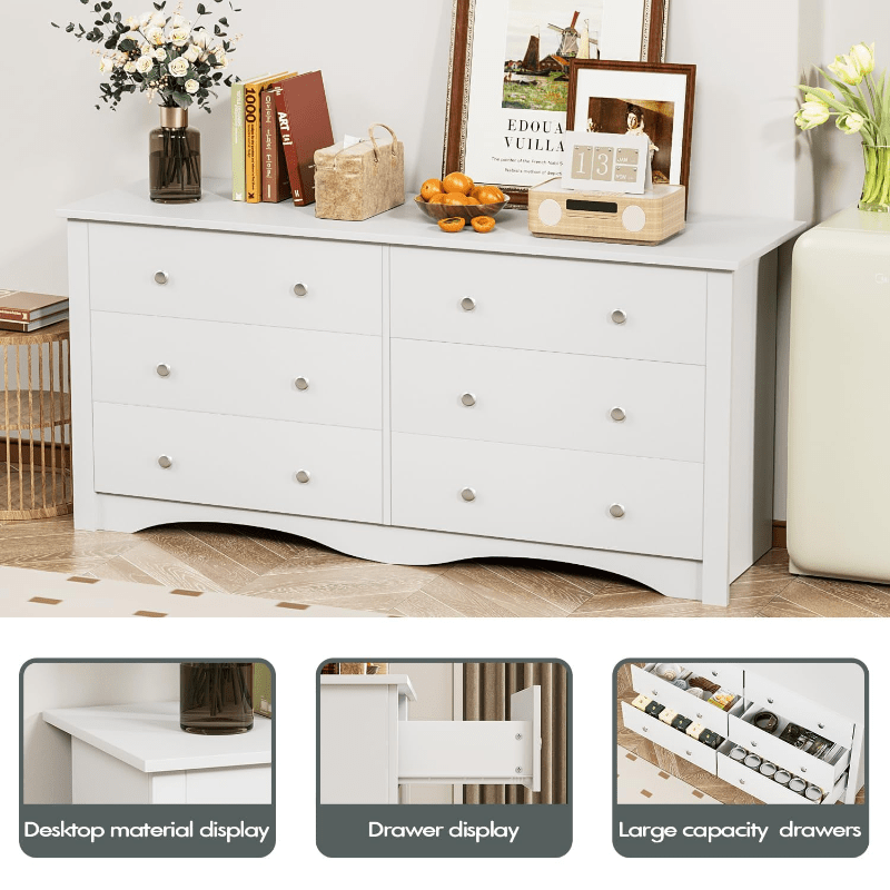 6 Drawer Double Dresser Wide Wood Chest Of Drawers Storage Tower Storage for Living Room Bedroom - Dresser Westberry