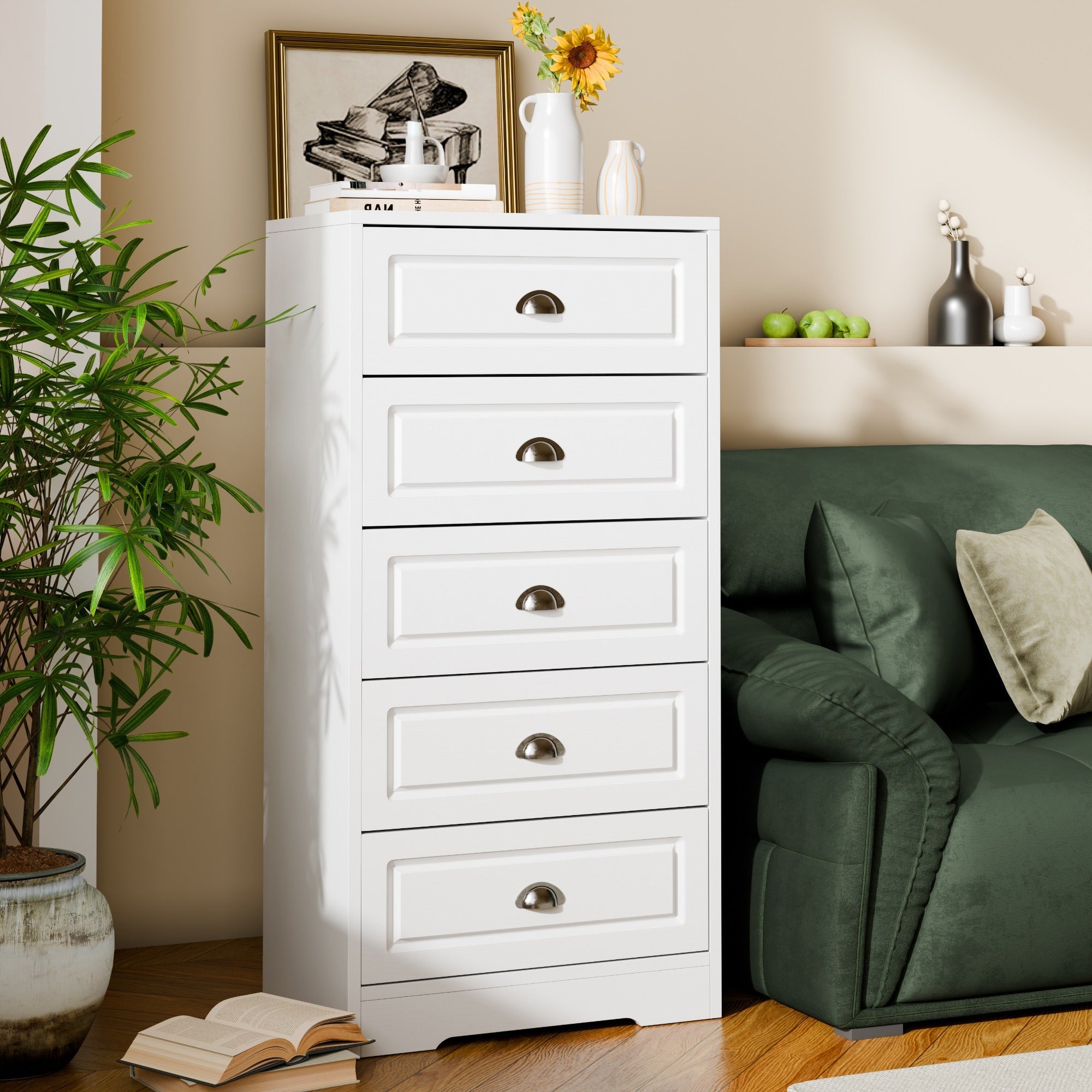 Dresser for Bedroom 5 Drawer Dresser with Sturdy Base Wooden Large Capacity Storage Cabinet Tall Chest of 5 Drawers