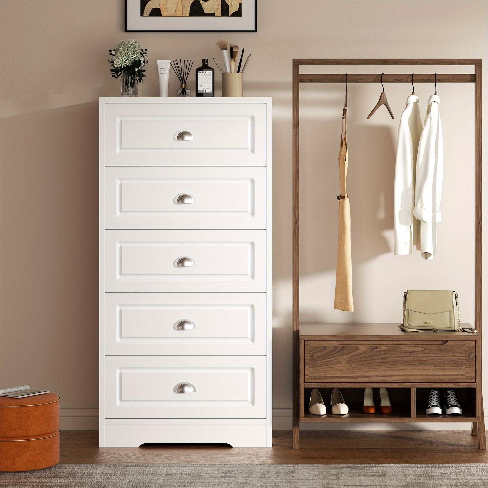 Dresser for Bedroom 5 Drawer Dresser with Sturdy Base Wooden Large Capacity Storage Cabinet Tall Chest of 5 Drawers