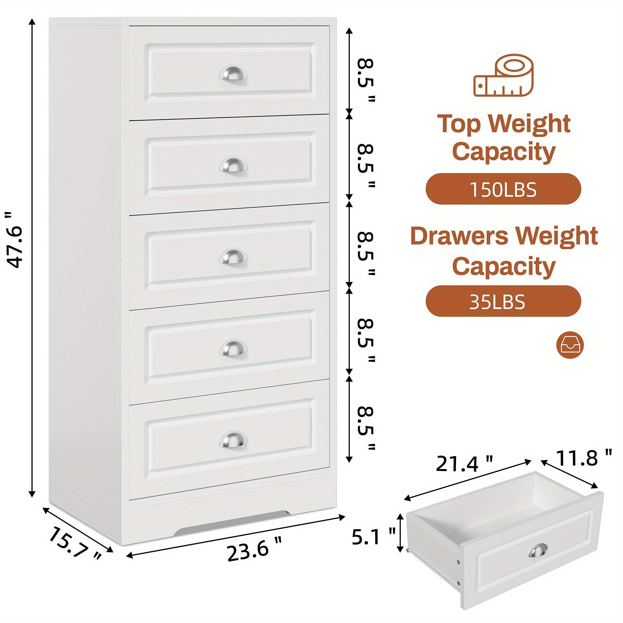 Dresser for Bedroom 5 Drawer Dresser with Sturdy Base Wooden Large Capacity Storage Cabinet Tall Chest of 5 Drawers