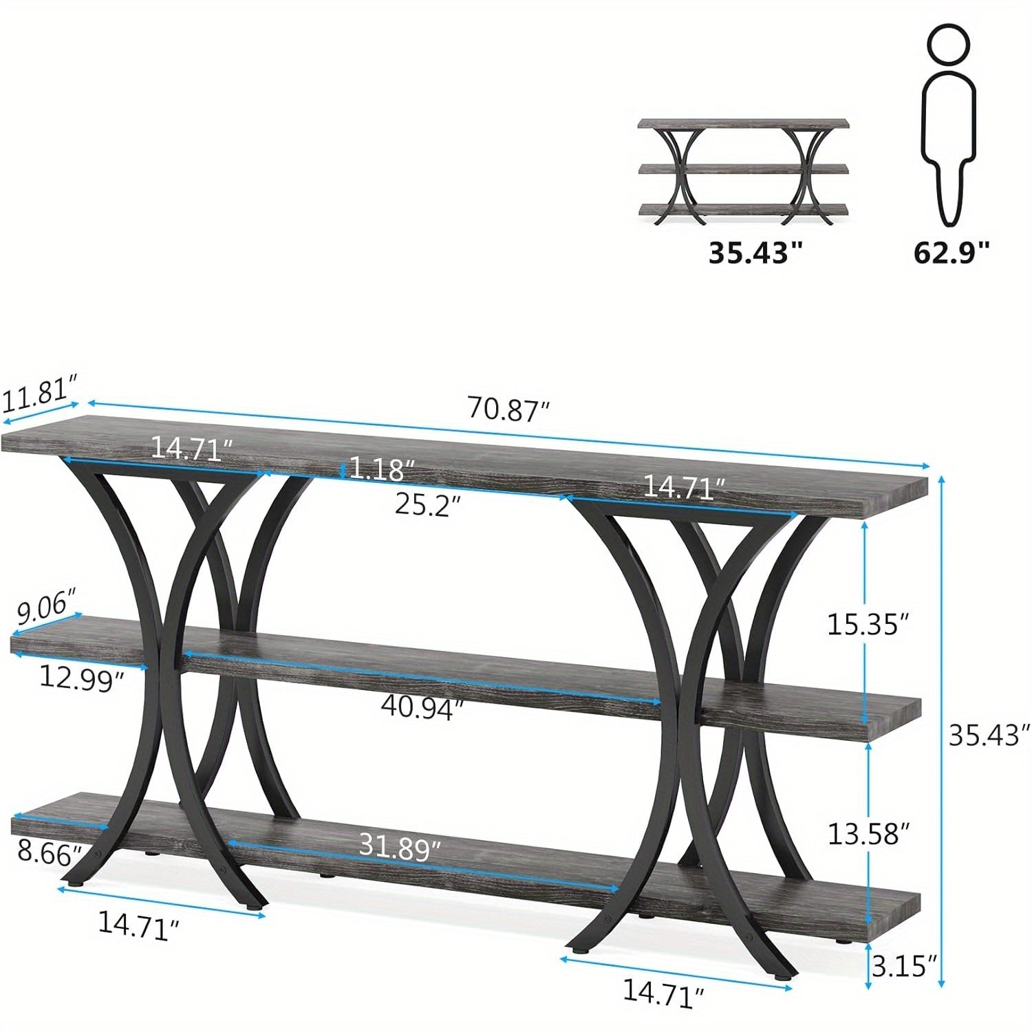 70.8 Inch Narrow Console Table, Long Sofa Table Entry Table with 3 Tier Storage Shelves for Entryway Hallway Reception Room (Gray)