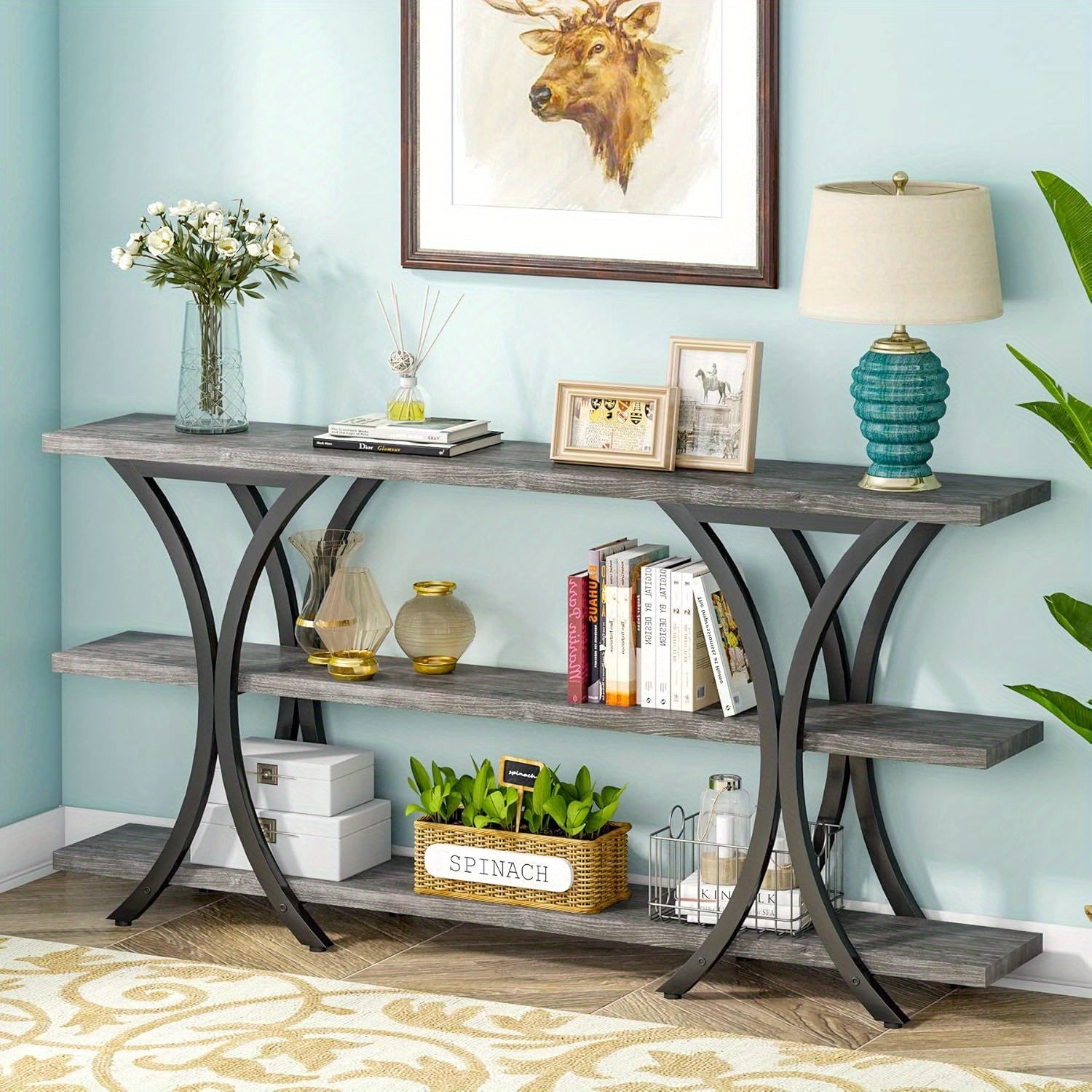 70.8 Inch Narrow Console Table, Long Sofa Table Entry Table with 3 Tier Storage Shelves for Entryway Hallway Reception Room (Gray)