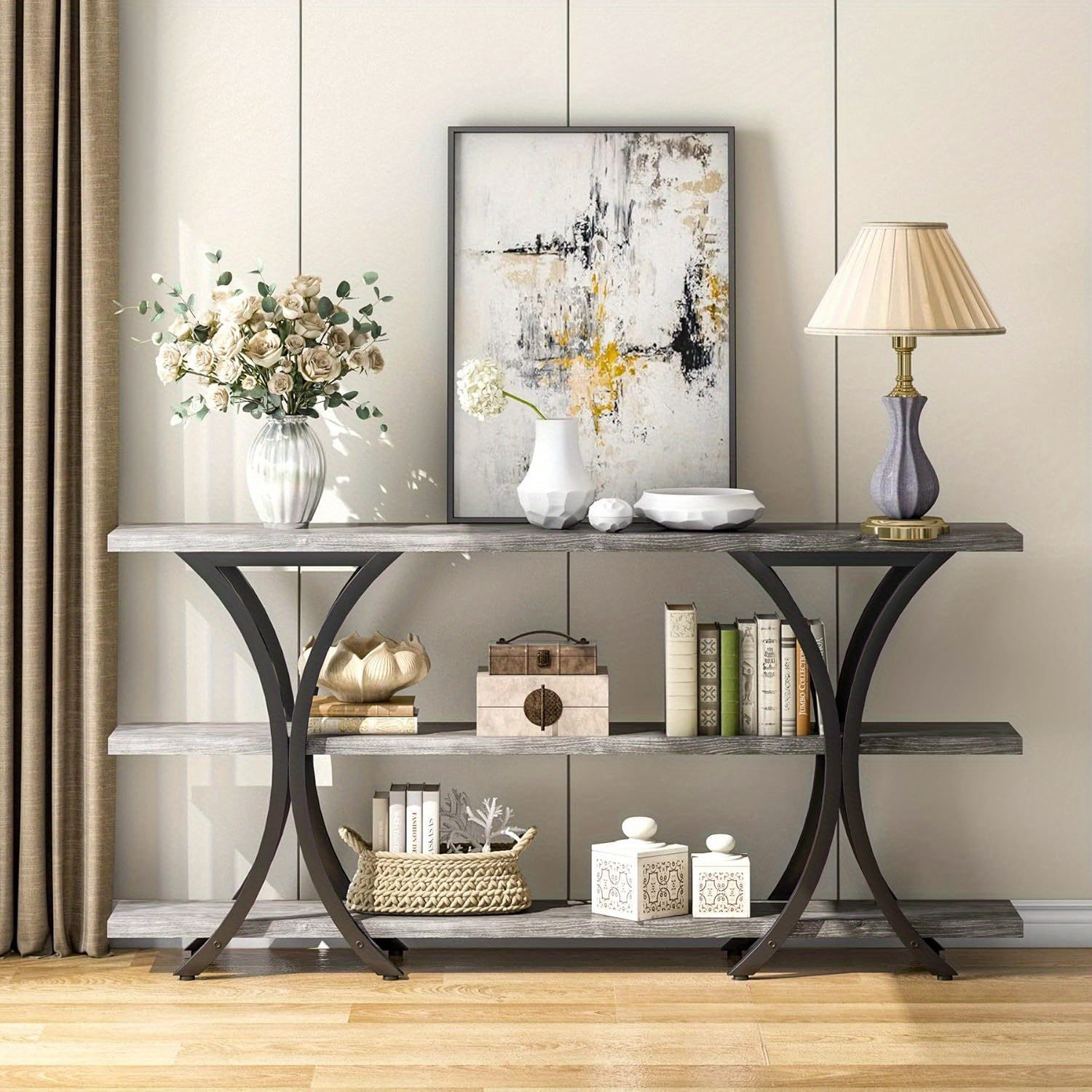 70.8 Inch Narrow Console Table, Long Sofa Table Entry Table with 3 Tier Storage Shelves for Entryway Hallway Reception Room (Gray)