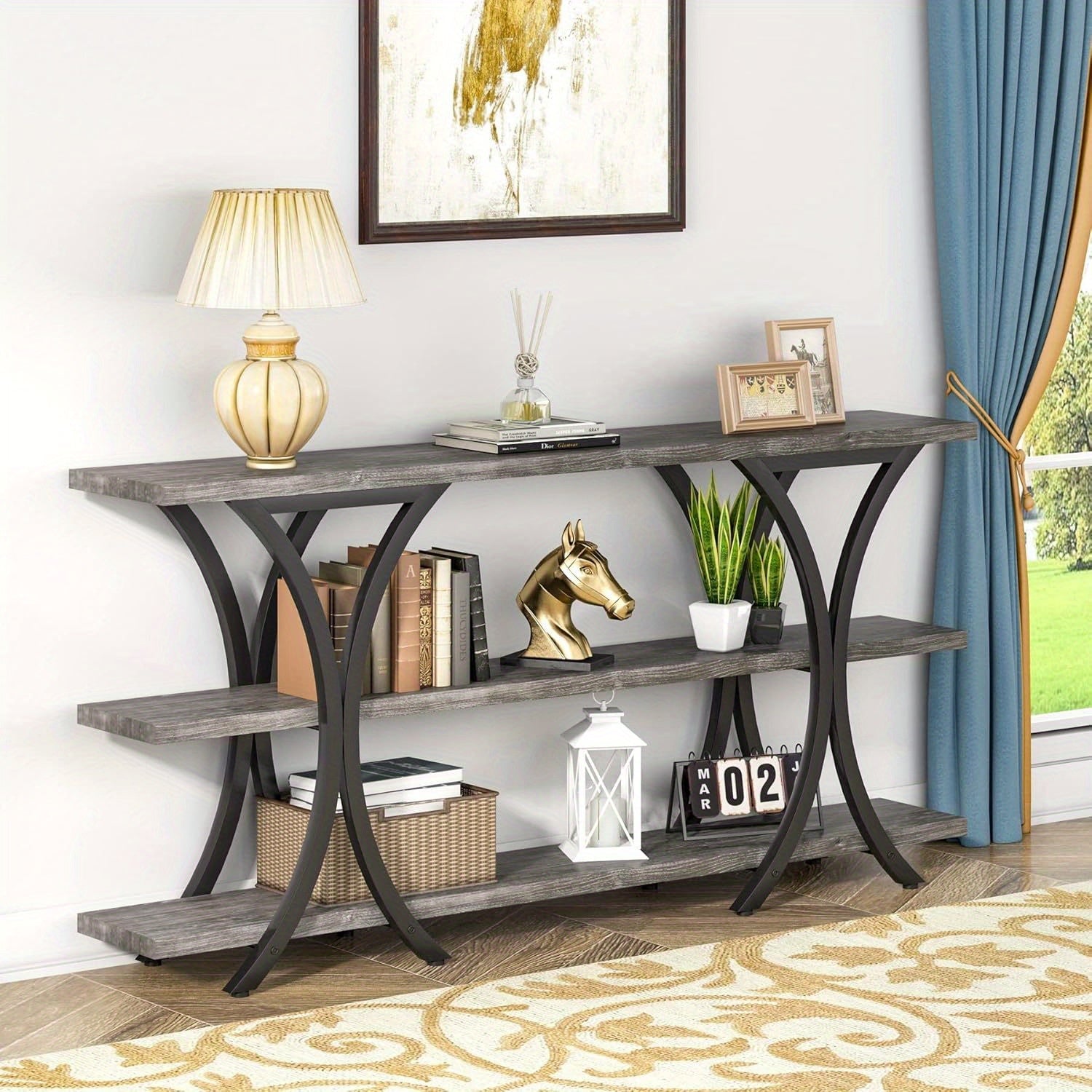 70.8 Inch Narrow Console Table, Long Sofa Table Entry Table with 3 Tier Storage Shelves for Entryway Hallway Reception Room (Gray)