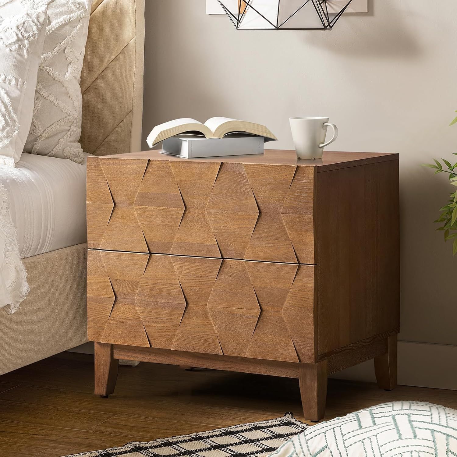 Wood Nightstand with 2 Drawers, 26" W Bedside Table 2 with Charging Station Space, Farmhouse Storage End Table with Adjustable Legs for Bedroom