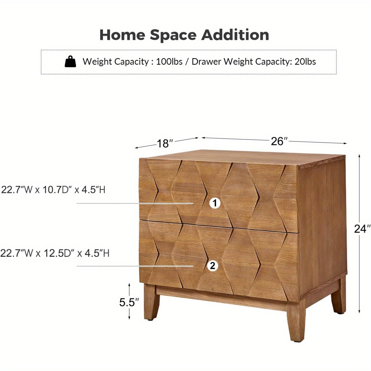 Wood Nightstand with 2 Drawers, 26" W Bedside Table 2 with Charging Station Space, Farmhouse Storage End Table with Adjustable Legs for Bedroom