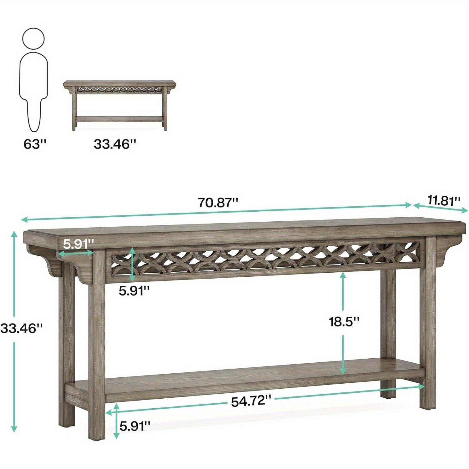 70.8-Inch Solid Wood Long Console Table, Farmhouse Entryway Table with Storage, Narrow Sofa Table Grey Couch Table for Living Room Entryway Hallway (Gray)