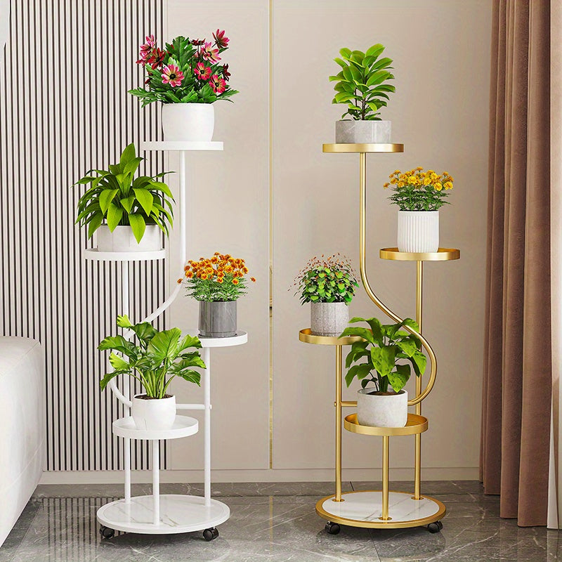 Art Deco Metal Vertical Plant Stand with Removable Wheels - 43.7" High Multi-Level Curved Flower Display Shelf for Living Room, Patio, Balcony Decor - Indoor/Outdoor Lacquered Planter Rack with Multiple Components