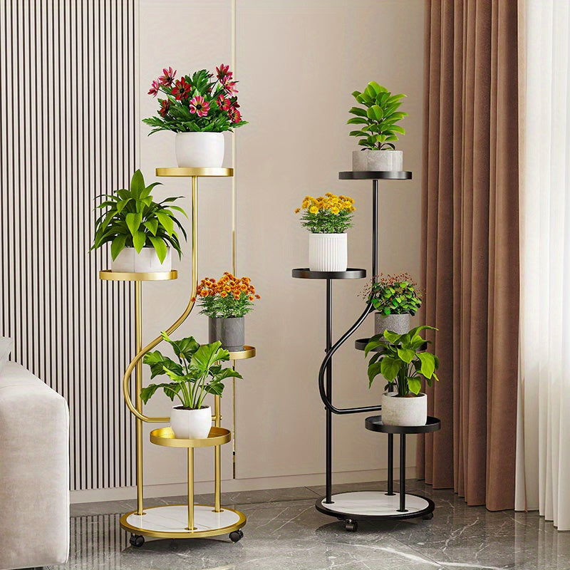 Art Deco Metal Vertical Plant Stand with Removable Wheels - 43.7" High Multi-Level Curved Flower Display Shelf for Living Room, Patio, Balcony Decor - Indoor/Outdoor Lacquered Planter Rack with Multiple Components