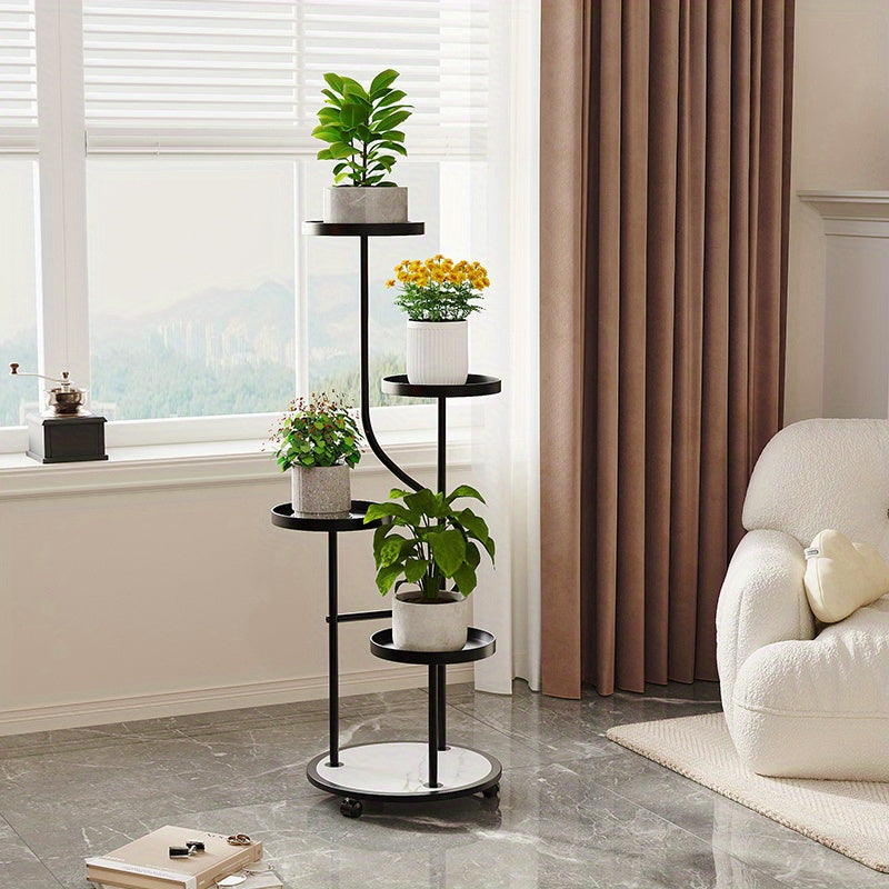 Art Deco Metal Vertical Plant Stand with Removable Wheels - 43.7" High Multi-Level Curved Flower Display Shelf for Living Room, Patio, Balcony Decor - Indoor/Outdoor Lacquered Planter Rack with Multiple Components