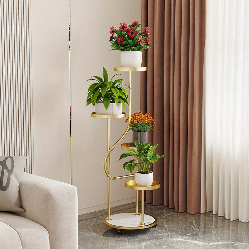 Art Deco Metal Vertical Plant Stand with Removable Wheels - 43.7" High Multi-Level Curved Flower Display Shelf for Living Room, Patio, Balcony Decor - Indoor/Outdoor Lacquered Planter Rack with Multiple Components