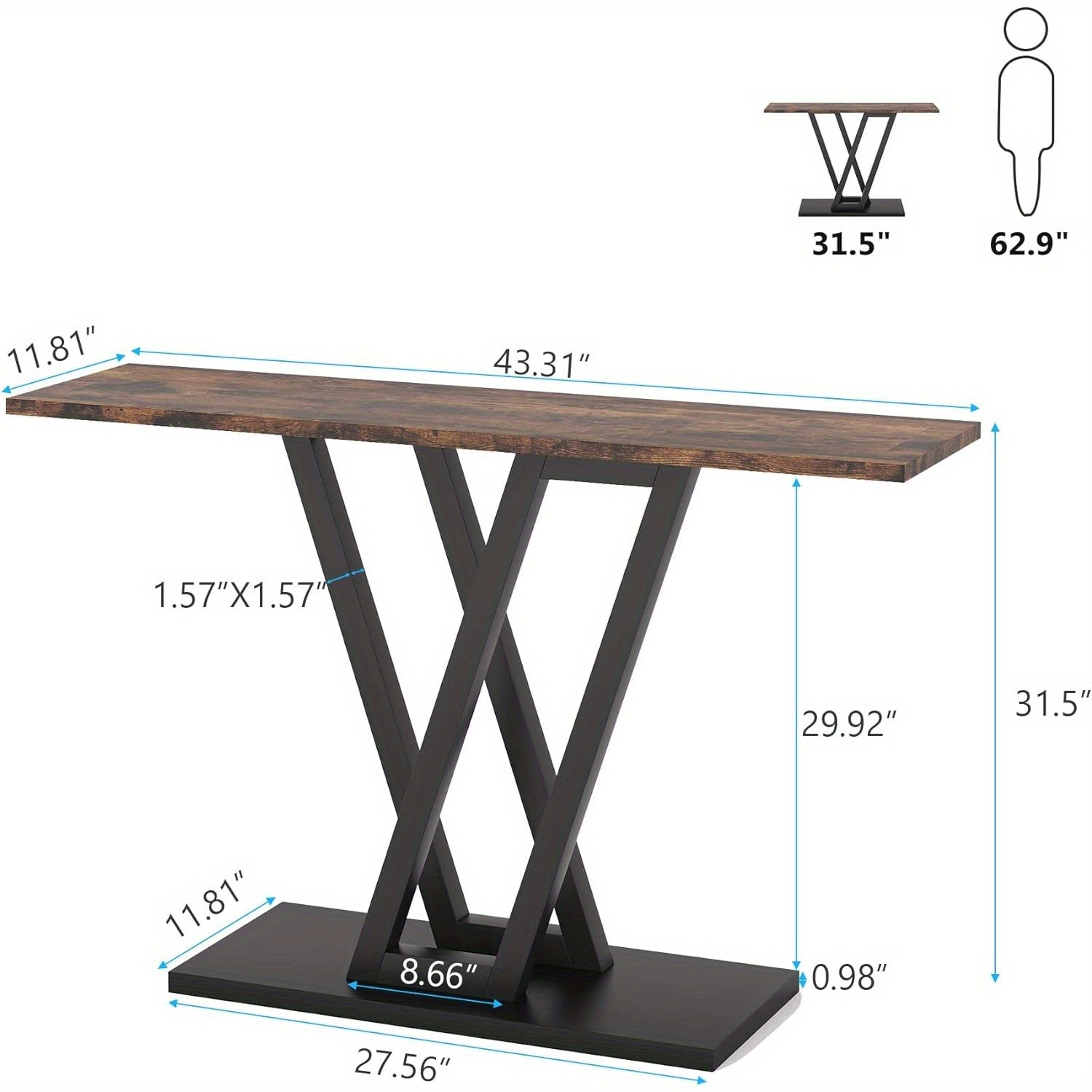 Console Table, Industrial Hallway Table for Entryway, 43 Inch Entryway Tables Narrow Sofa Table for Reception Room, Stable Metal Frame & Easy Assemble, Rustic Brown