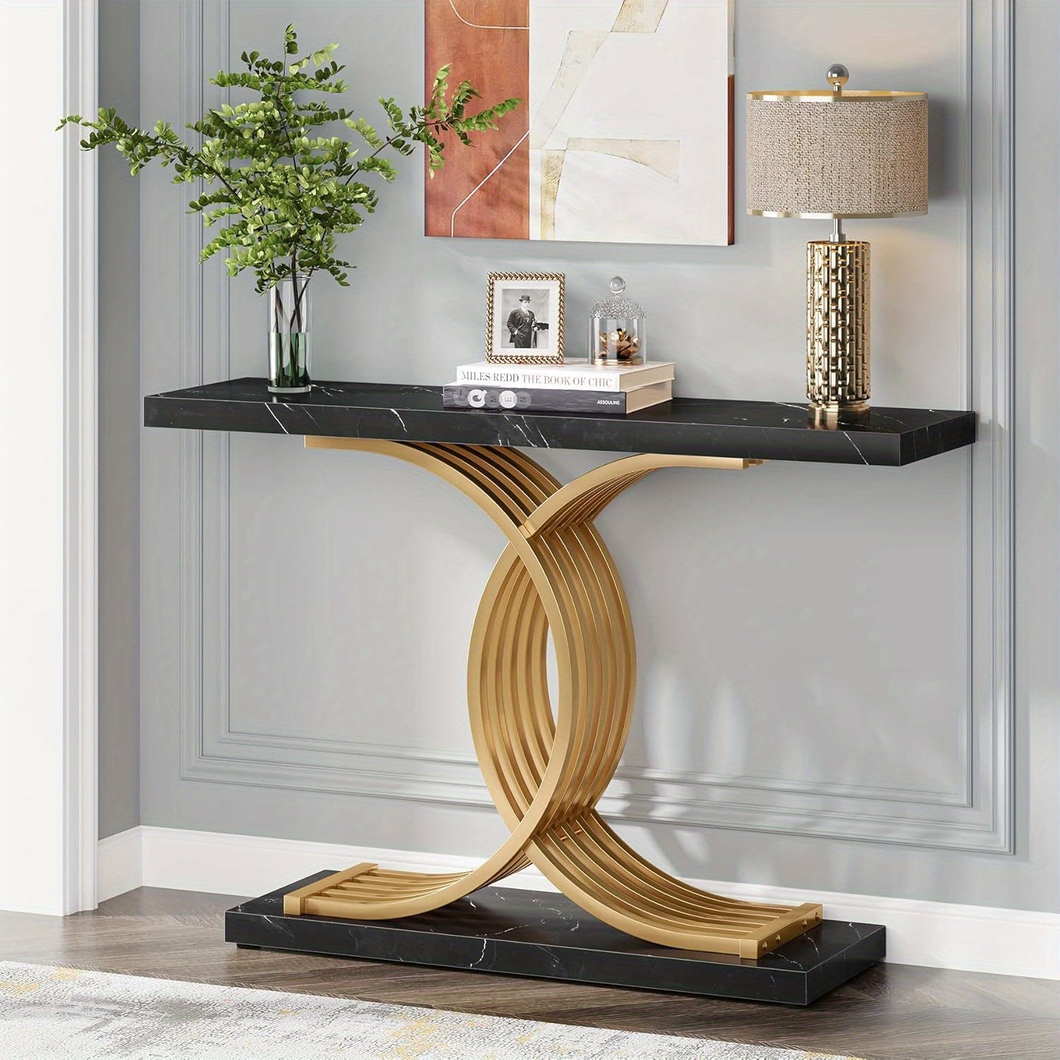 Gold Entryway Table, Modern 39-Inch Console Table Accent Table with Geometric Metal Legs, Faux Marble Narrow Wood Sofa Table Foyer Table for Entrance, Living Room (Gold & Black)