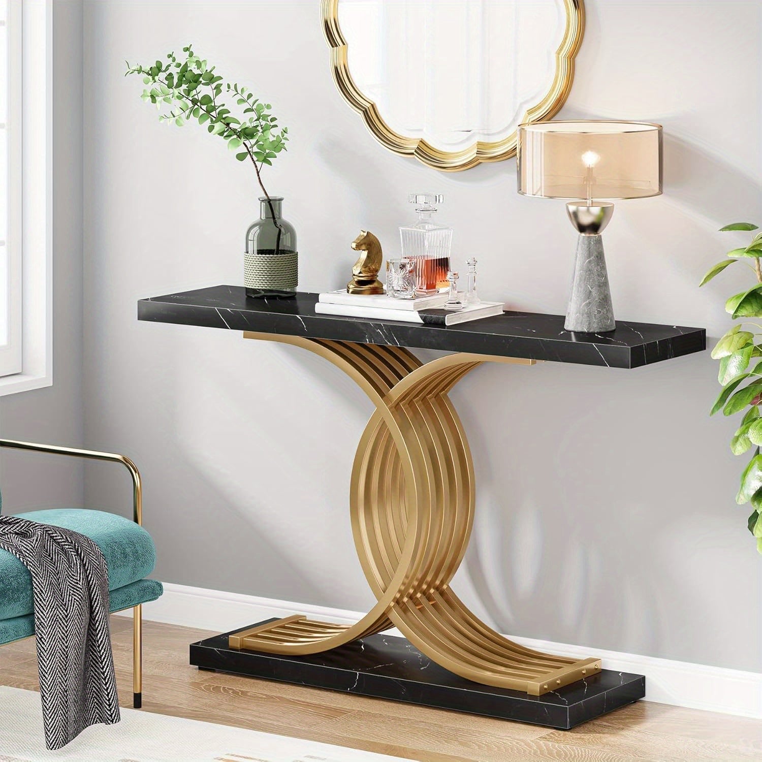 Gold Entryway Table, Modern 39-Inch Console Table Accent Table with Geometric Metal Legs, Faux Marble Narrow Wood Sofa Table Foyer Table for Entrance, Living Room (Gold & Black)