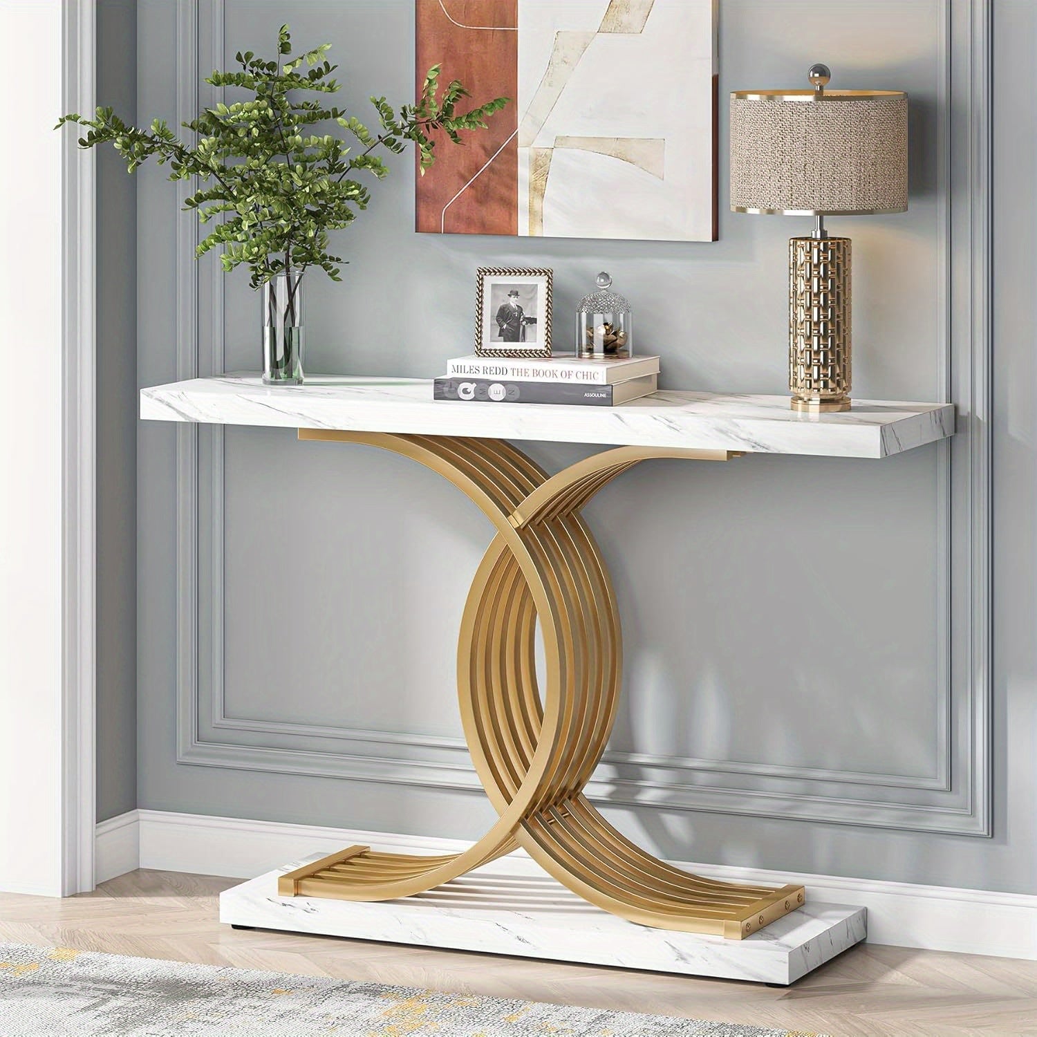 Gold Entryway Table, Modern 39-Inch Console Table Accent Table with Geometric Metal Legs, Faux Marble Narrow Wood Sofa Table Foyer Table for Entrance, Living Room (Gold & Black)