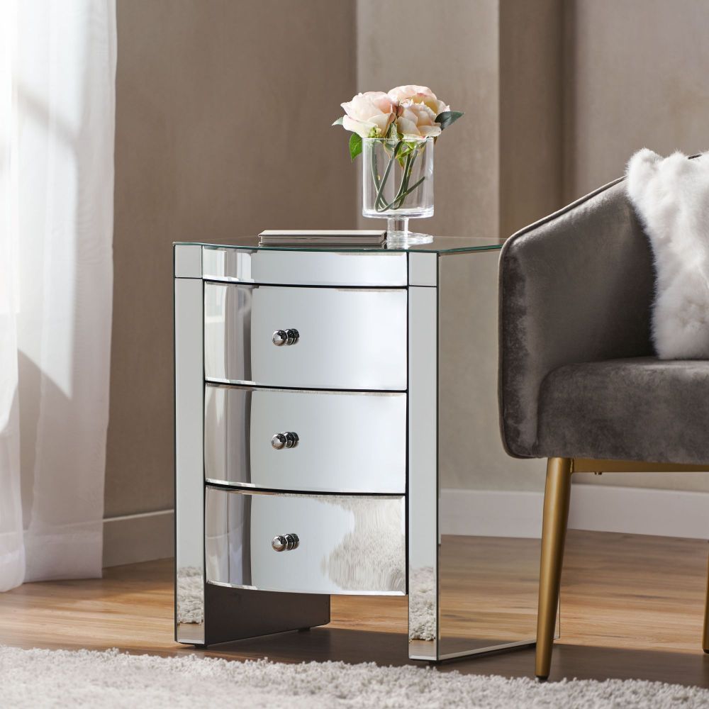 Mirrored Nightstand with 3 Drawers, Bed Side Table for Bedroom, Large Modern Night Stand with Storage Drawers, Mirrored Furniture for Living Room, Office