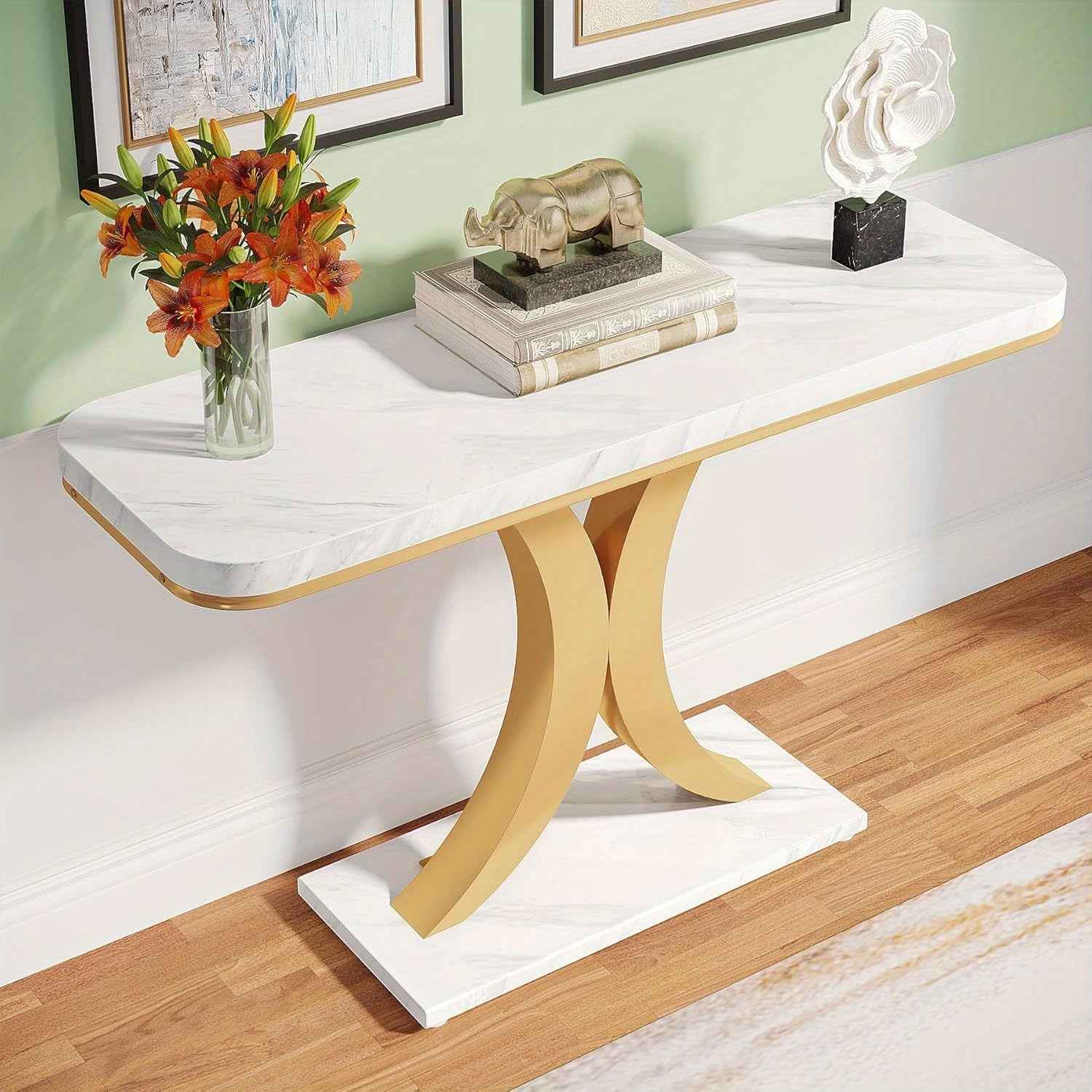 Modern Golden Console Table, 40 Inch Narrow Entryway Foyer Table with Geometric Base, Rustic Hallway Accent Table for Reception Room, Entrance, White and Golden