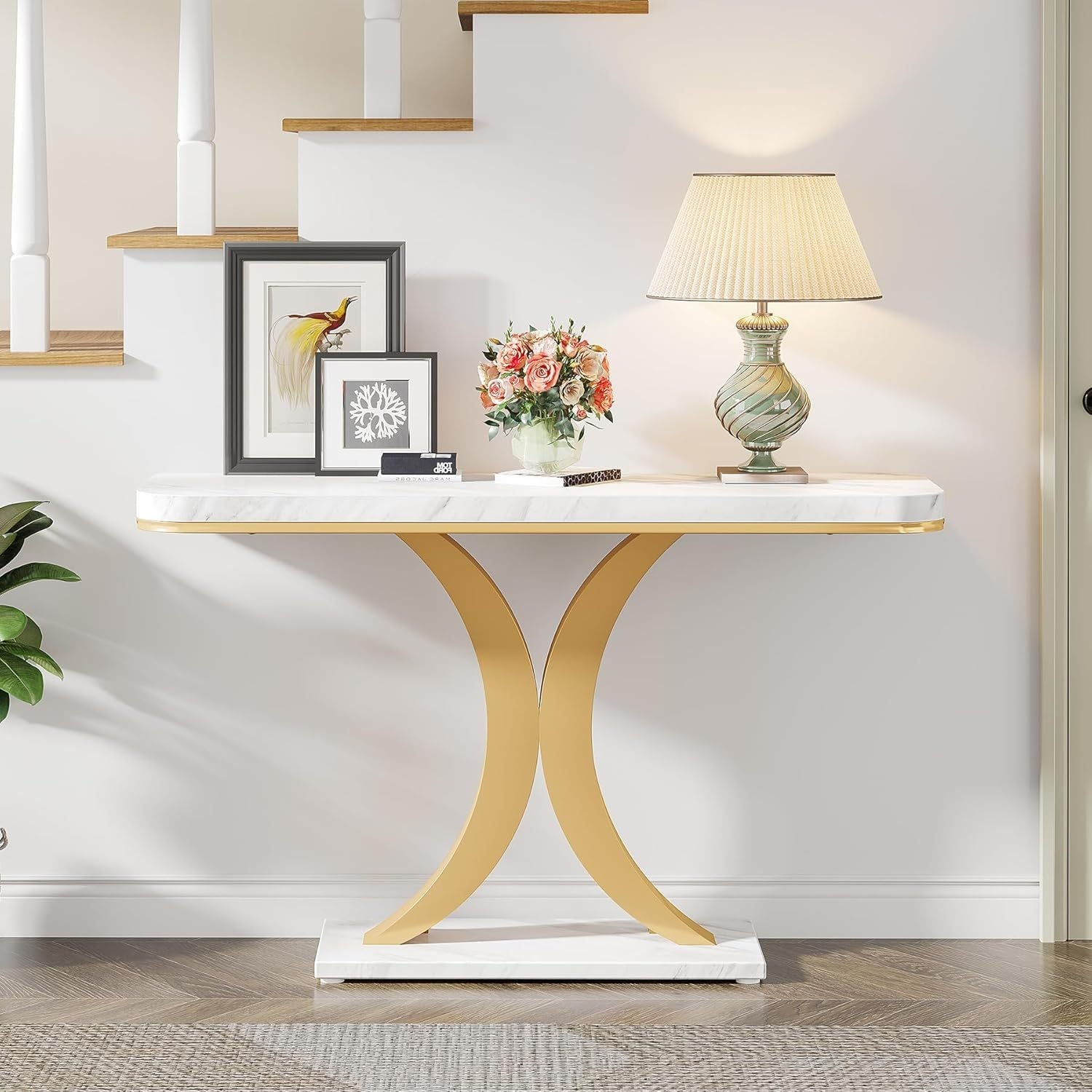 Modern Golden Console Table, 40 Inch Narrow Entryway Foyer Table with Geometric Base, Rustic Hallway Accent Table for Reception Room, Entrance, White and Golden