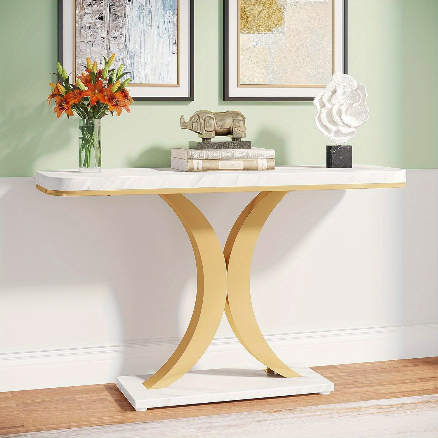 Modern Golden Console Table, 40 Inch Narrow Entryway Foyer Table with Geometric Base, Rustic Hallway Accent Table for Reception Room, Entrance, White and Golden