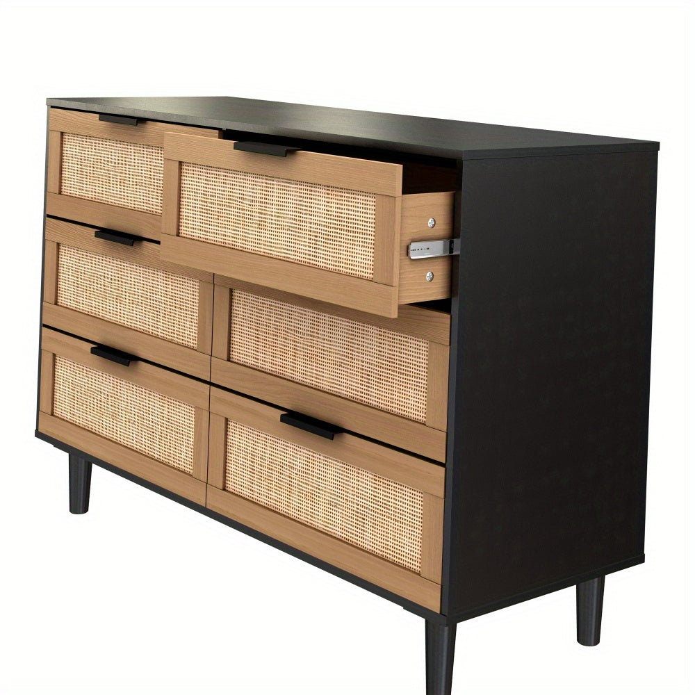 Black Storage Chest Dresser 6 Drawer Rattan Rattan Drawers Bedroom Living Room - Black - Dresser Westberry Furniture