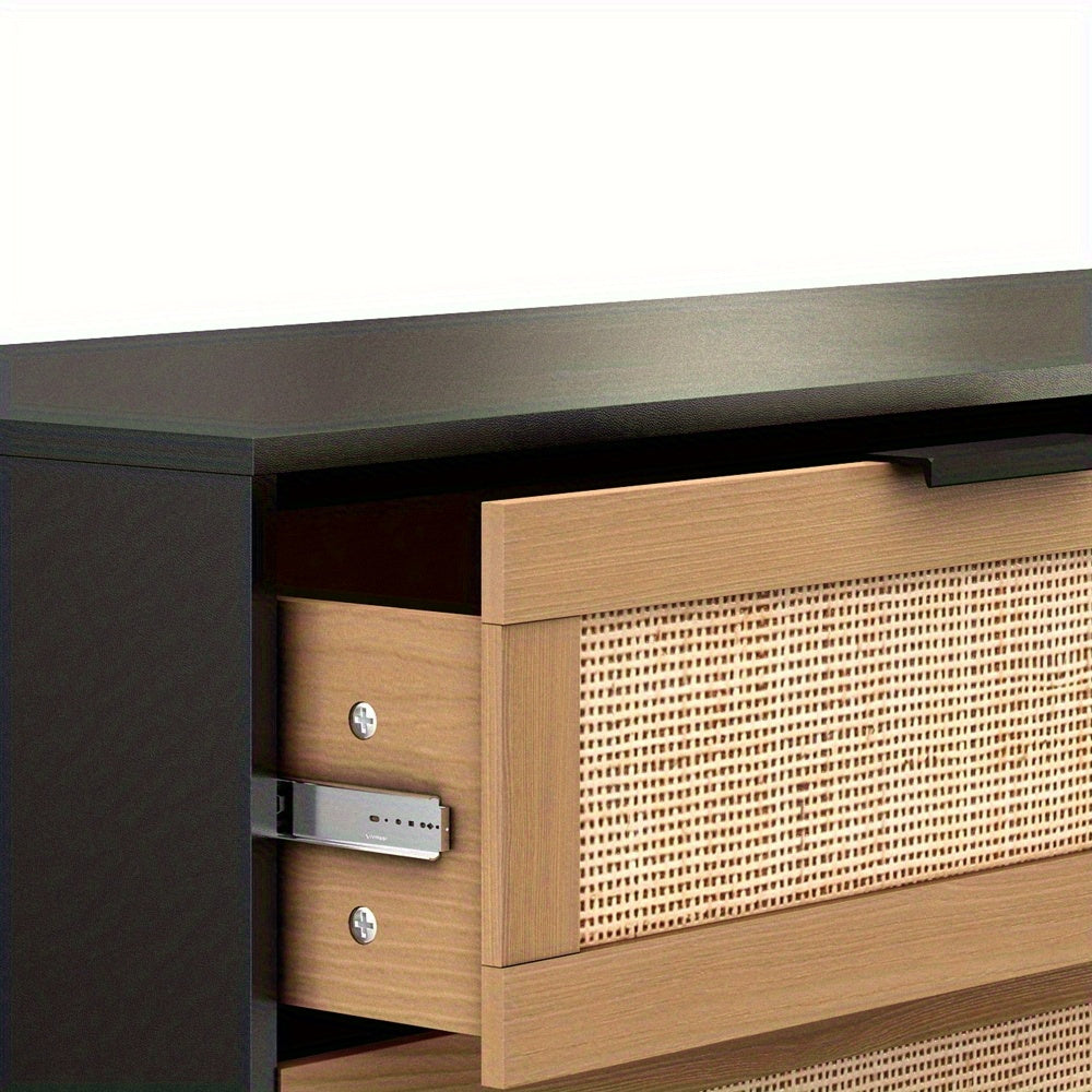Black Storage Chest Dresser 6 Drawer Rattan Rattan Drawers Bedroom Living Room - Black - Dresser Westberry Furniture