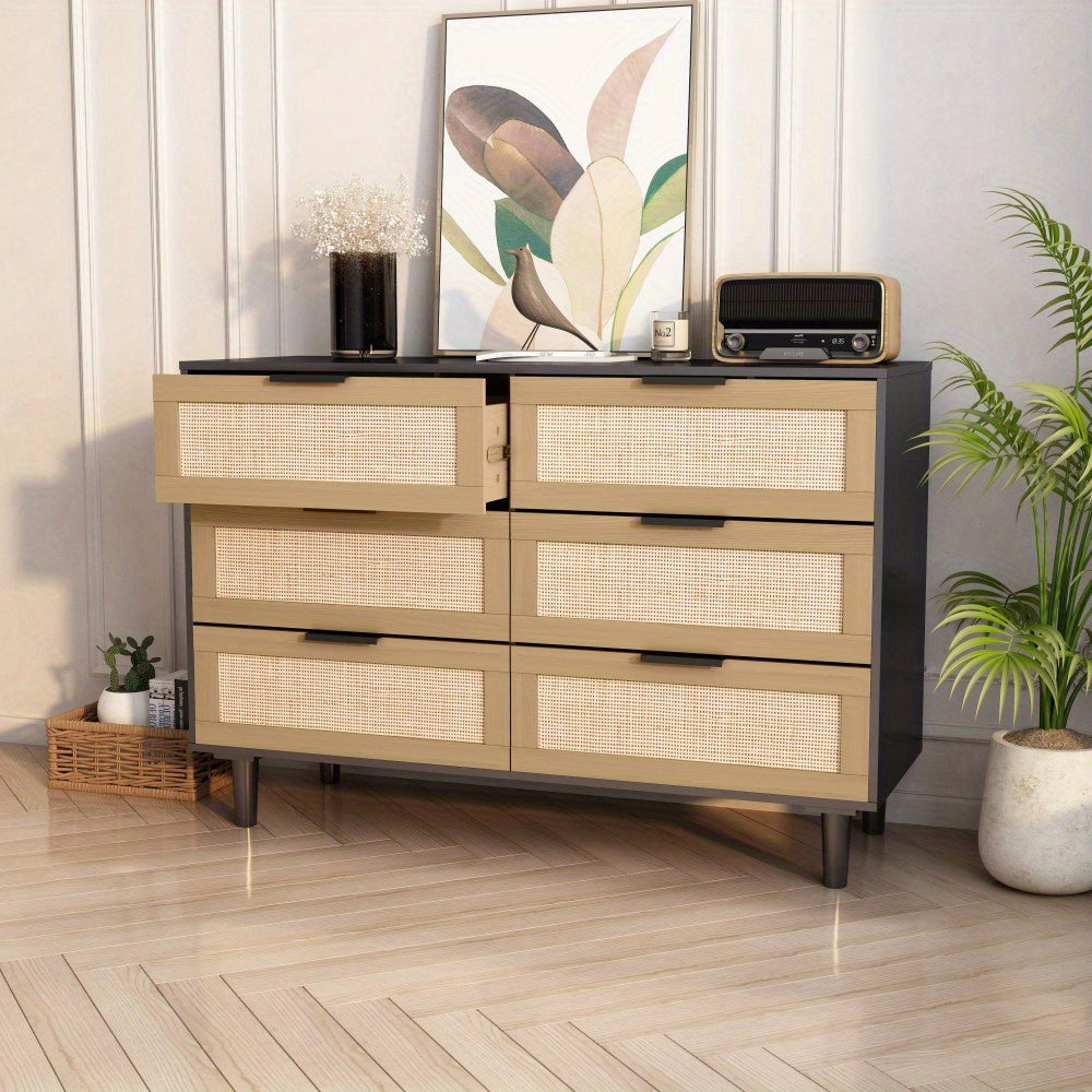 Black Storage Chest Dresser 6 Drawer Rattan Rattan Drawers Bedroom Living Room - Black - Dresser Westberry Furniture