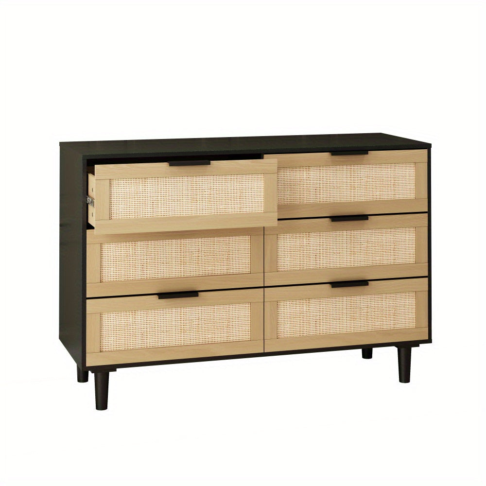 Black Storage Chest Dresser 6 Drawer Rattan Rattan Drawers Bedroom Living Room - Black - Dresser Westberry Furniture