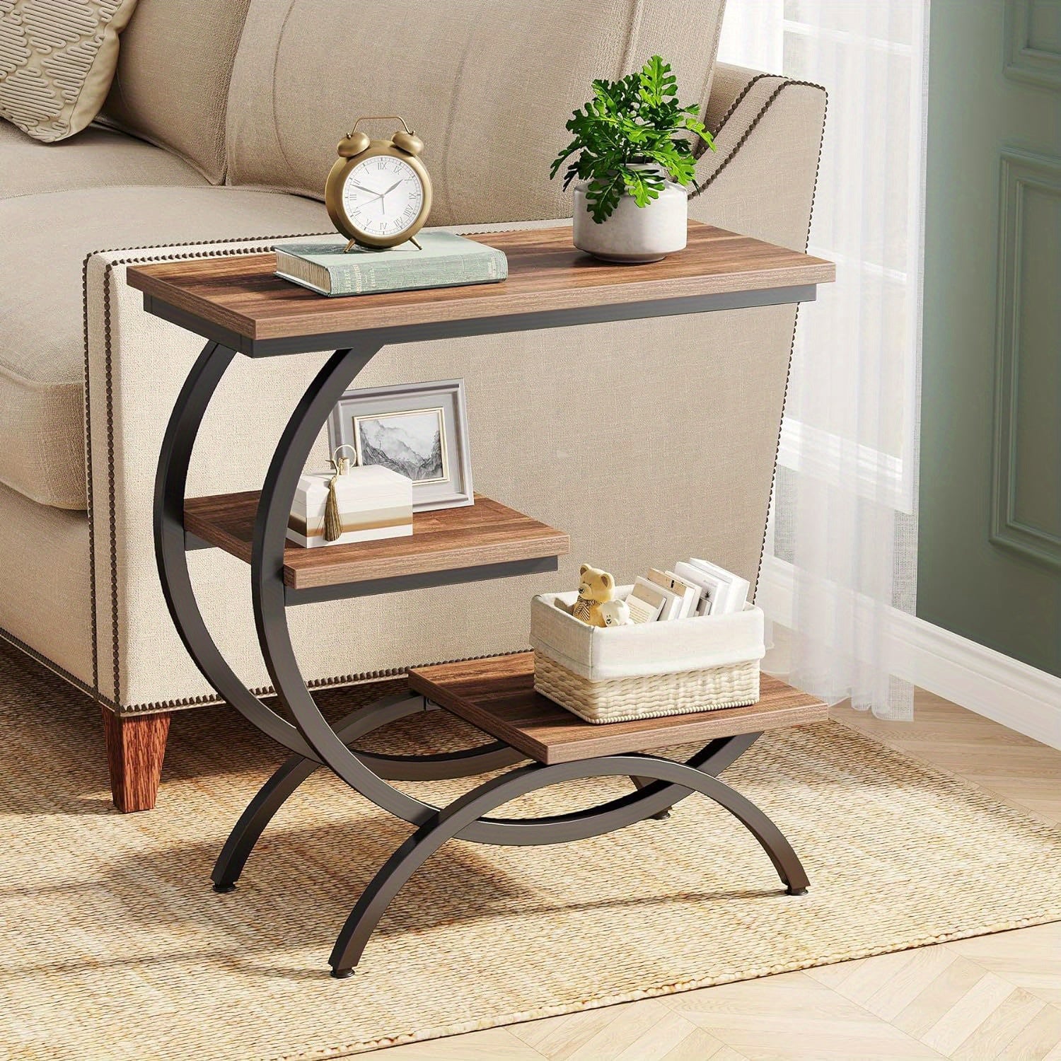 C-Shaped Modern End Table - 3-Tier Side Table for Couch, Wood Bedside Table with Storage Shelves - Dark Brown