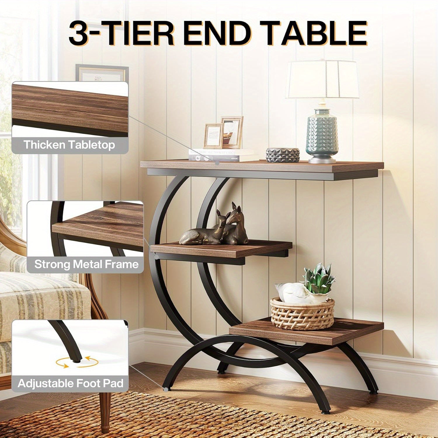 C-Shaped Modern End Table - 3-Tier Side Table for Couch, Wood Bedside Table with Storage Shelves - Dark Brown