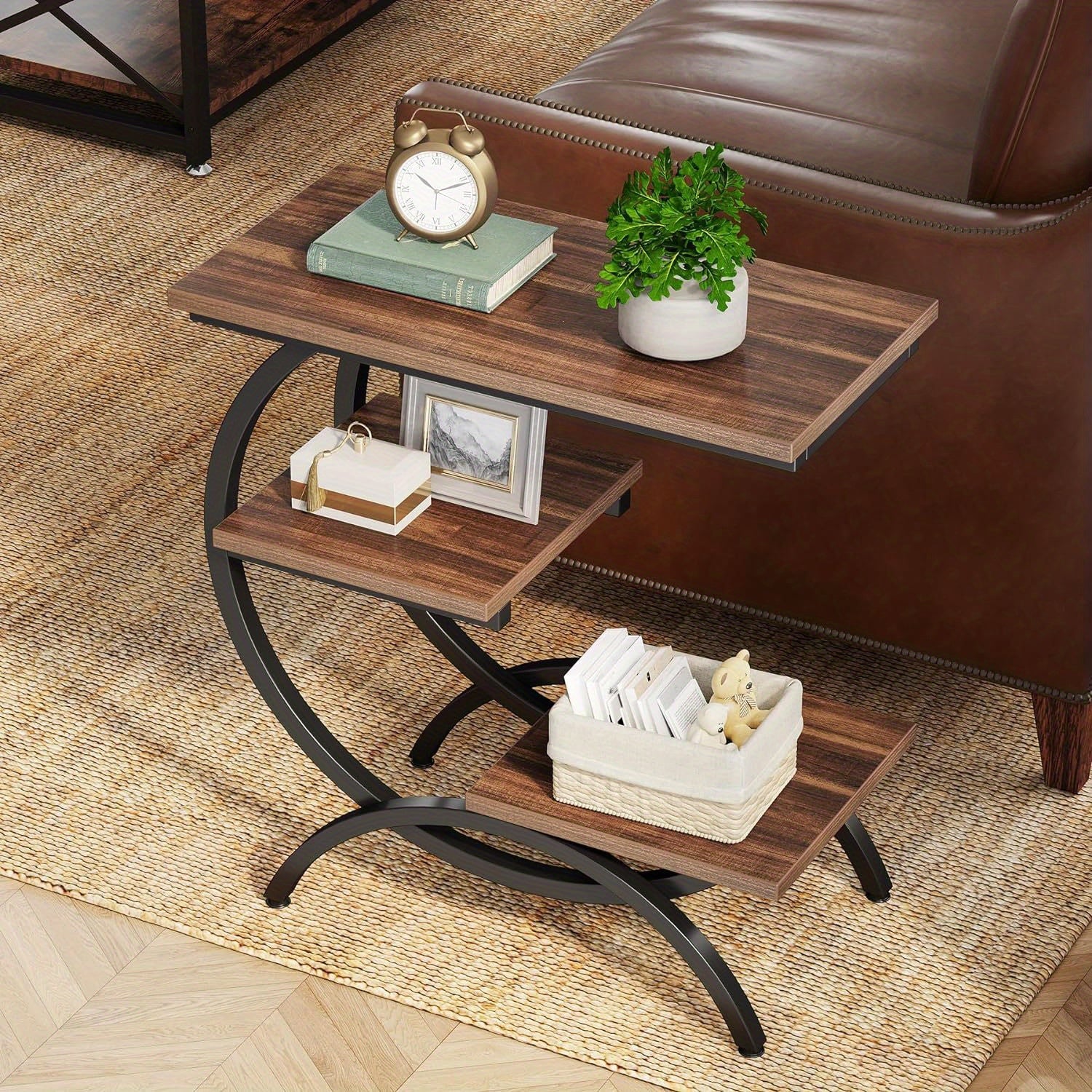 C-Shaped Modern End Table - 3-Tier Side Table for Couch, Wood Bedside Table with Storage Shelves - Dark Brown