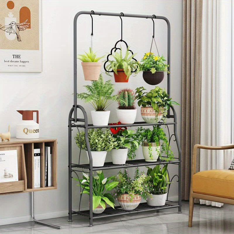 Plant Stand Indoor Outdoor Metal 3 Tiered Hanging Plant Shelf for Multiple Flower Planter Holder Tall Large Rack for Living Room Garden Balcony DarkGrey