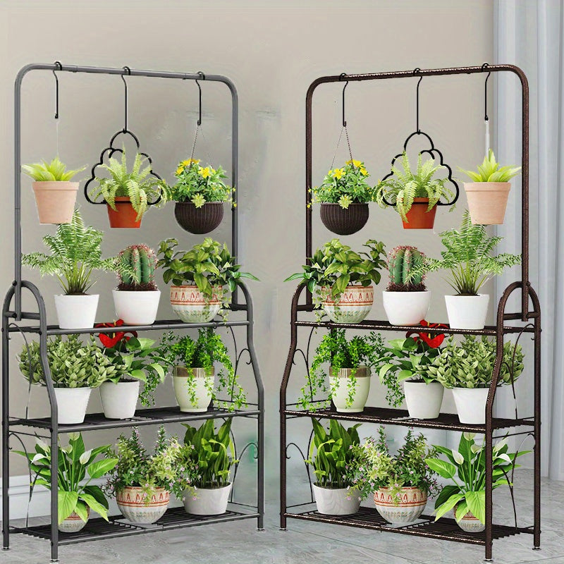 Plant Stand Indoor Outdoor Metal 3 Tiered Hanging Plant Shelf for Multiple Flower Planter Holder Tall Large Rack for Living Room Garden Balcony DarkGrey