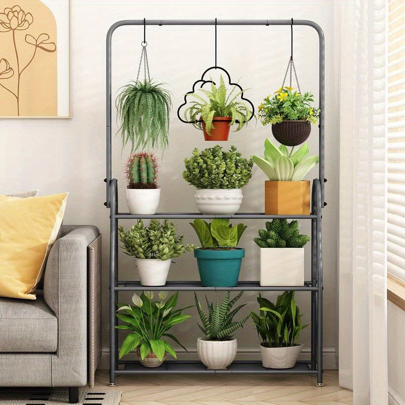 Plant Stand Indoor Outdoor Metal 3 Tiered Hanging Plant Shelf for Multiple Flower Planter Holder Tall Large Rack for Living Room Garden Balcony DarkGrey