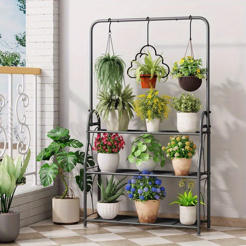 Plant Stand Indoor Outdoor Metal 3 Tiered Hanging Plant Shelf for Multiple Flower Planter Holder Tall Large Rack for Living Room Garden Balcony DarkGrey