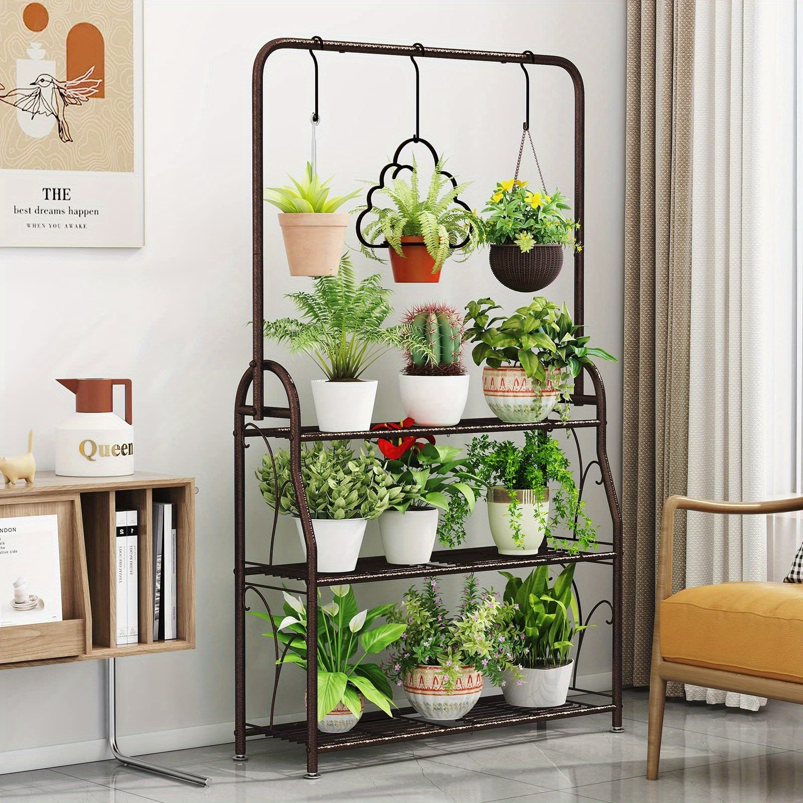 Plant Stand Indoor Outdoor Metal 3 Tiered Hanging Plant Shelf for Multiple Flower Planter Holder Tall Large Rack for Living Room Garden Balcony DarkGrey