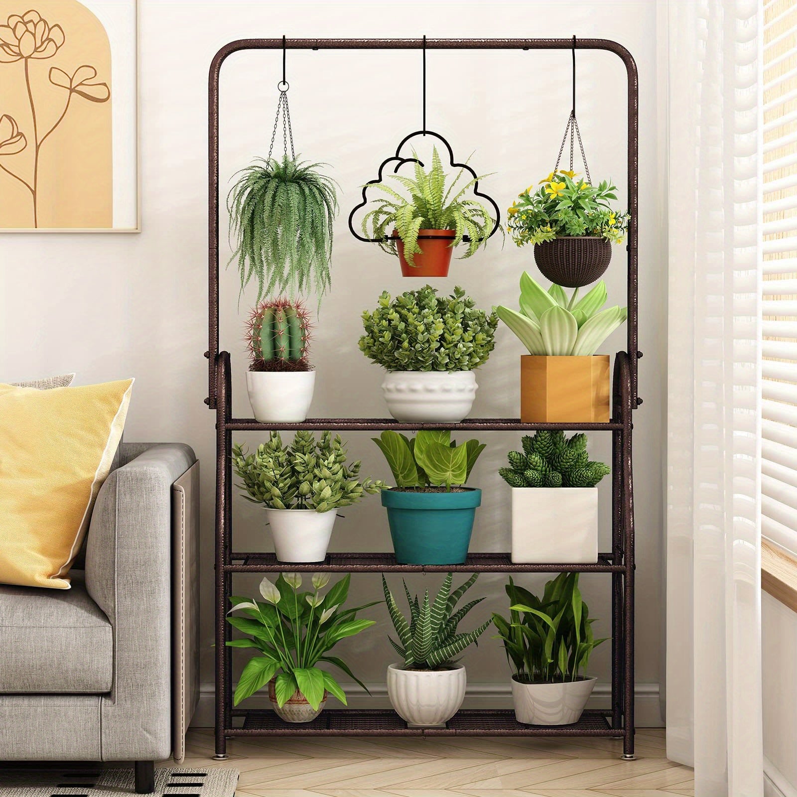 Plant Stand Indoor Outdoor Metal 3 Tiered Hanging Plant Shelf for Multiple Flower Planter Holder Tall Large Rack for Living Room Garden Balcony DarkGrey