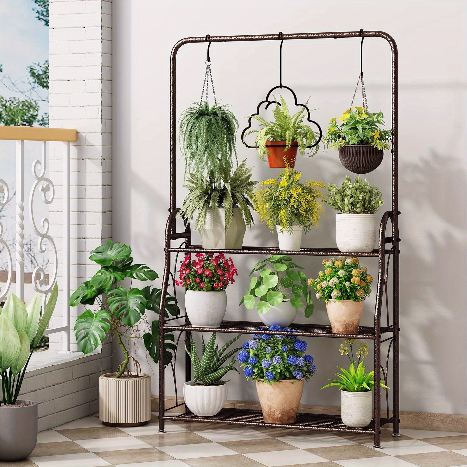 Plant Stand Indoor Outdoor Metal 3 Tiered Hanging Plant Shelf for Multiple Flower Planter Holder Tall Large Rack for Living Room Garden Balcony DarkGrey