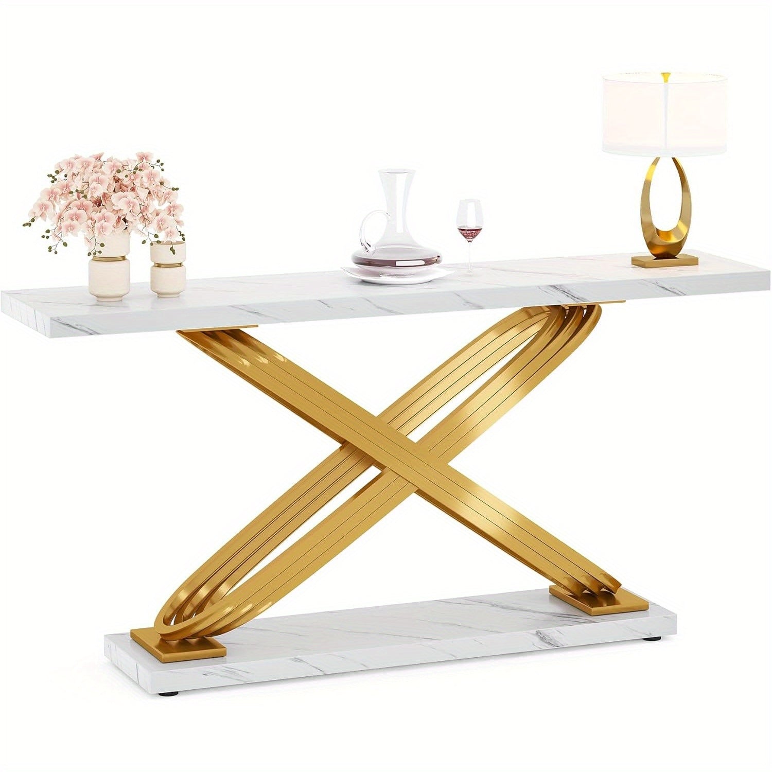 55 Inch Modern Console Table, Faux Marble Gold Entryway Table Behind Sofa Couch, Narrow Rectangular Sofa Table for Reception Room, Bedroom, Front Hall, Hallway, Gold & White