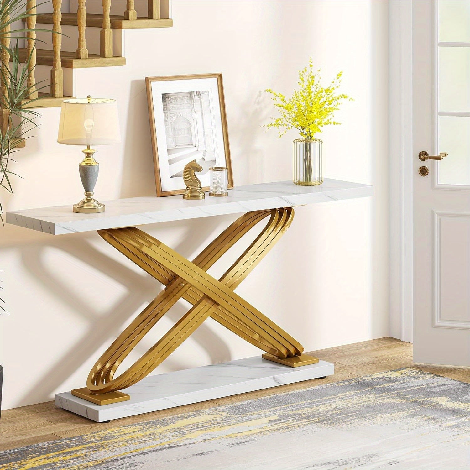 55 Inch Modern Console Table, Faux Marble Gold Entryway Table Behind Sofa Couch, Narrow Rectangular Sofa Table for Reception Room, Bedroom, Front Hall, Hallway, Gold & White